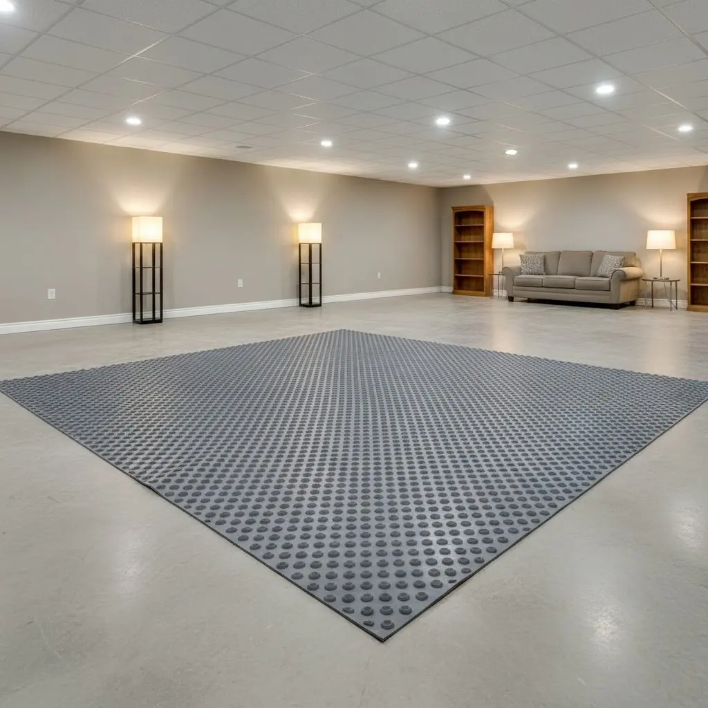 A dimple mat rolled out flat across a bare concrete basement floor, seen close and from standing height, with the dimples catching the light.