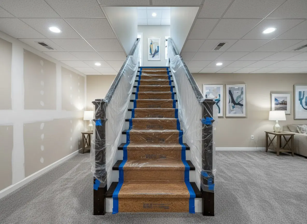 A common stairwell in a multi-family house in Lancaster, PA, protected for work, treads covered in hardboard and the handrail taped