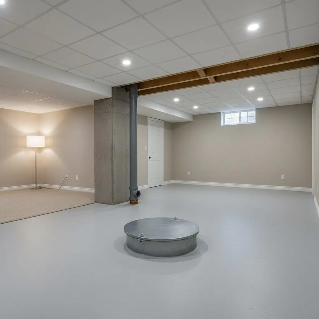 A sealed ejector basin lid set flush into a bare basement floor with its discharge line running up to the joists, seen close and from standing height.