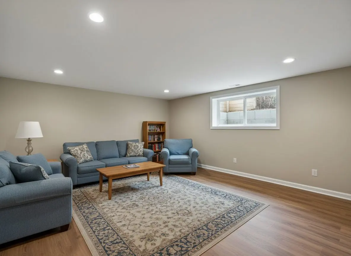 A finished basement with painted walls, a floor, recessed lighting and furniture, and an egress window in frame. No tools, no dust, no bare block.