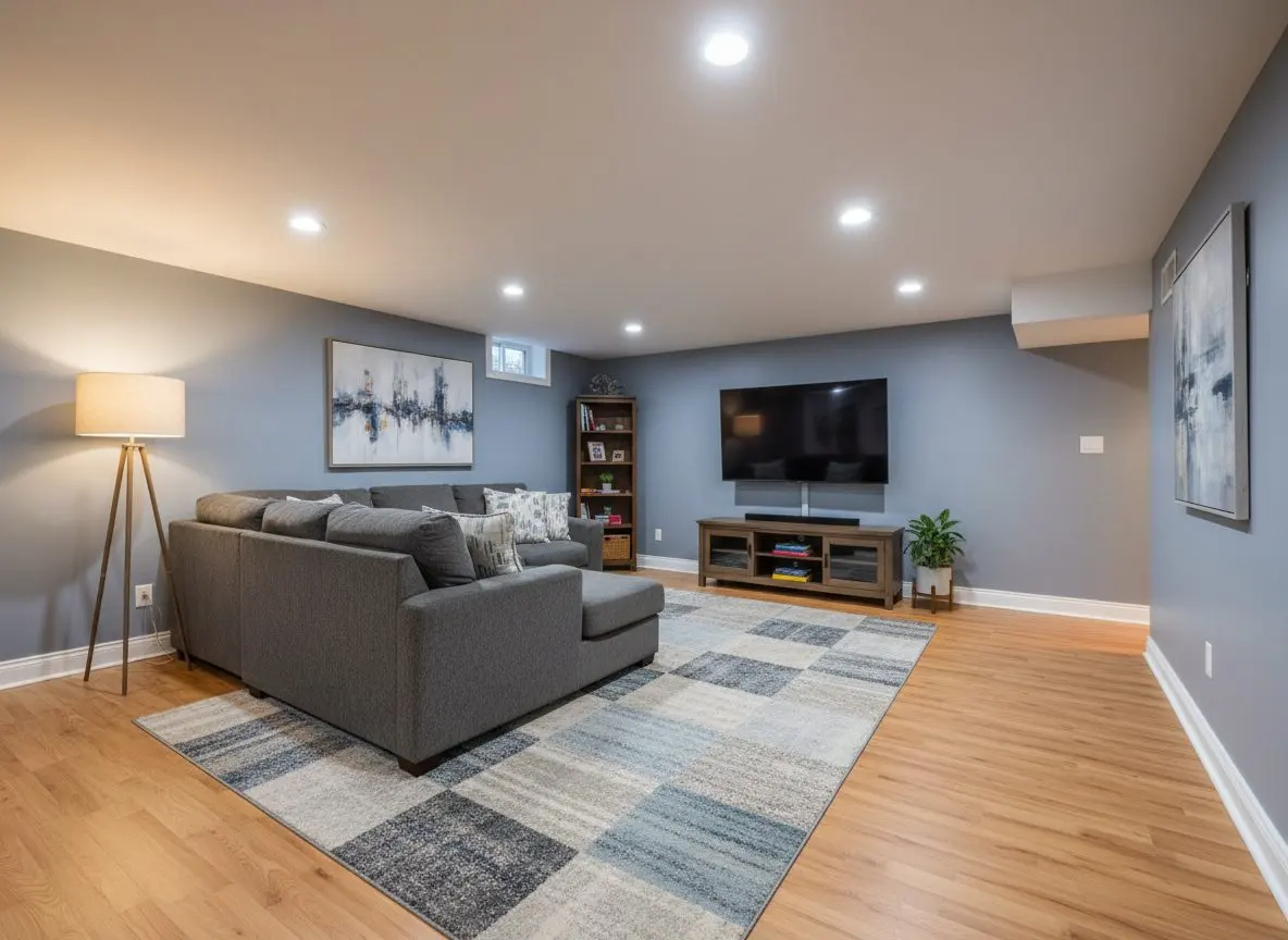 A finished, furnished basement family room with a sofa, a rug, a lamp and a television on the wall, everything complete and nothing in progress.