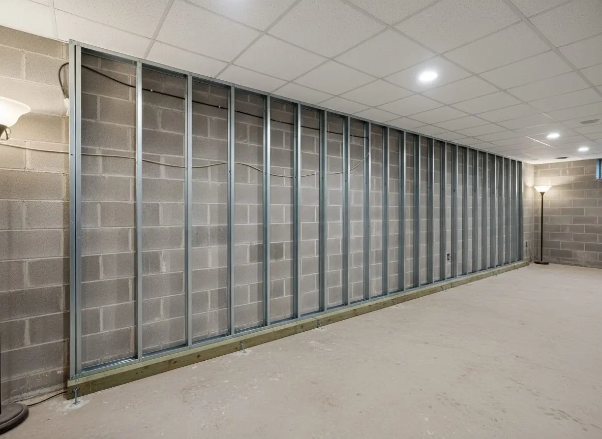 The bottom of a steel stud wall standing clear of a gray block basement wall, with the treated track fixed down onto the bare concrete slab.
