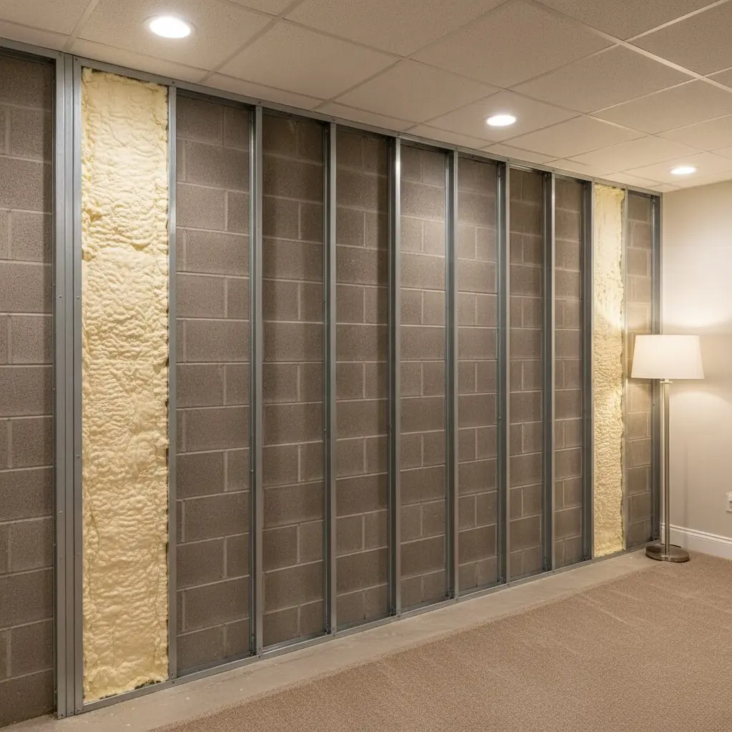A close view of steel stud framing standing an inch clear of a gray block basement wall, with pale spray foam filling the gap behind the studs.