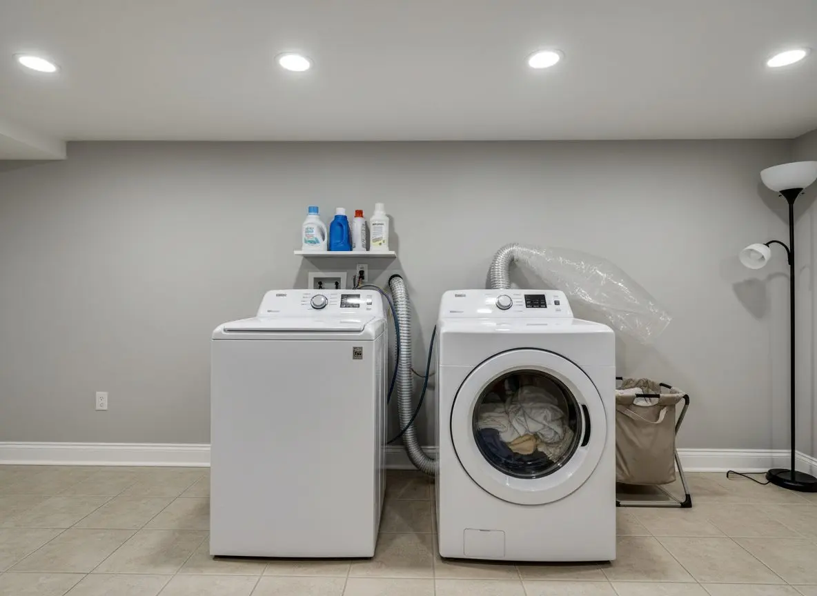 A washer and dryer pulled forward from a basement wall with their hoses reconnected and the machines back in use, mid job, in a house in Lancaster, PA.