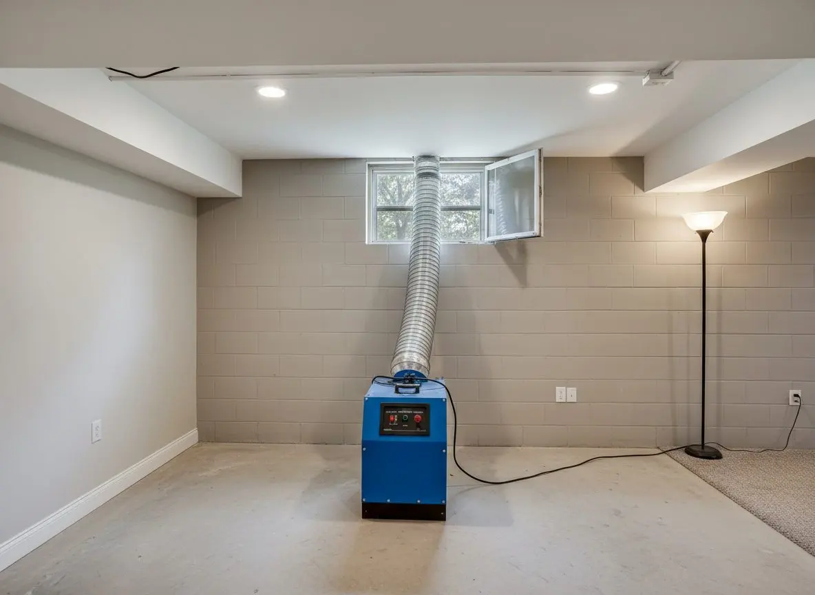 A negative air machine standing on a bare basement floor with its flexible duct run up to an open hopper window