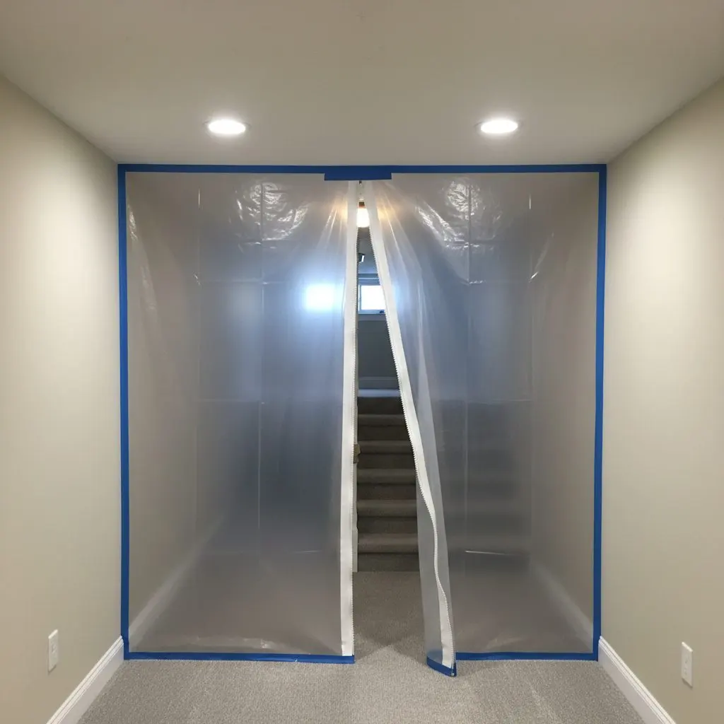 A zipped poly dust wall sealed across the top of a basement stair inside a house, seen close from the hallway side, with the zip half open.