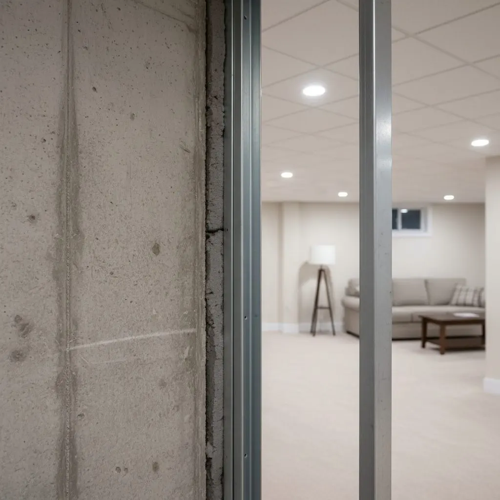 A steel stud wall standing an inch clear of a poured concrete basement wall, seen close and from standing height, with the gap and the foam behind it visible.