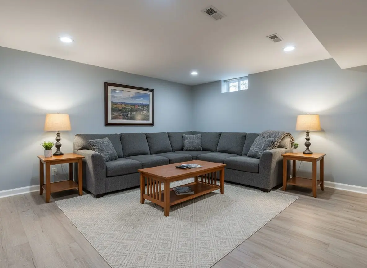 A finished, furnished basement living room in a suite, sofa, coffee table, lamps lit and a rug down, with nothing under construction anywhere in the room.
