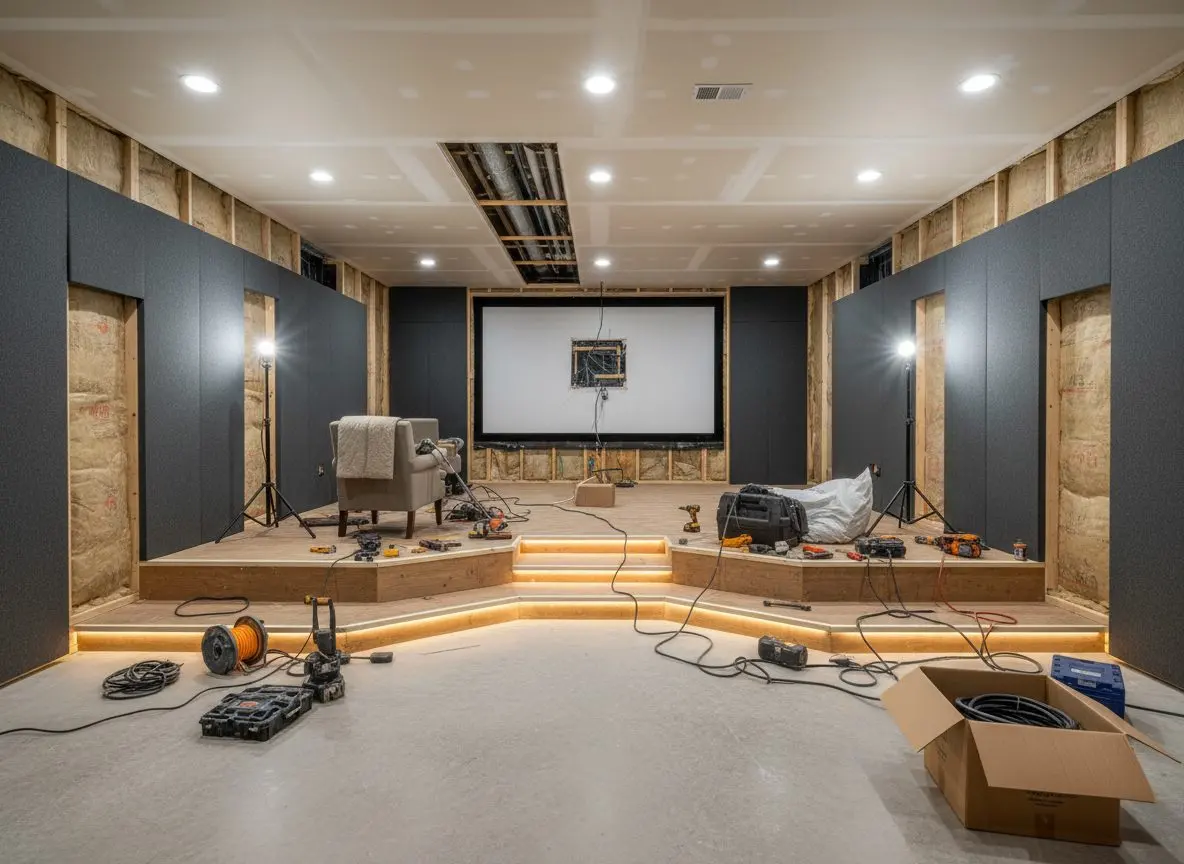 A basement home theater with two tiers of seating facing a large screen, fabric panels on the side walls and low lighting along the steps.