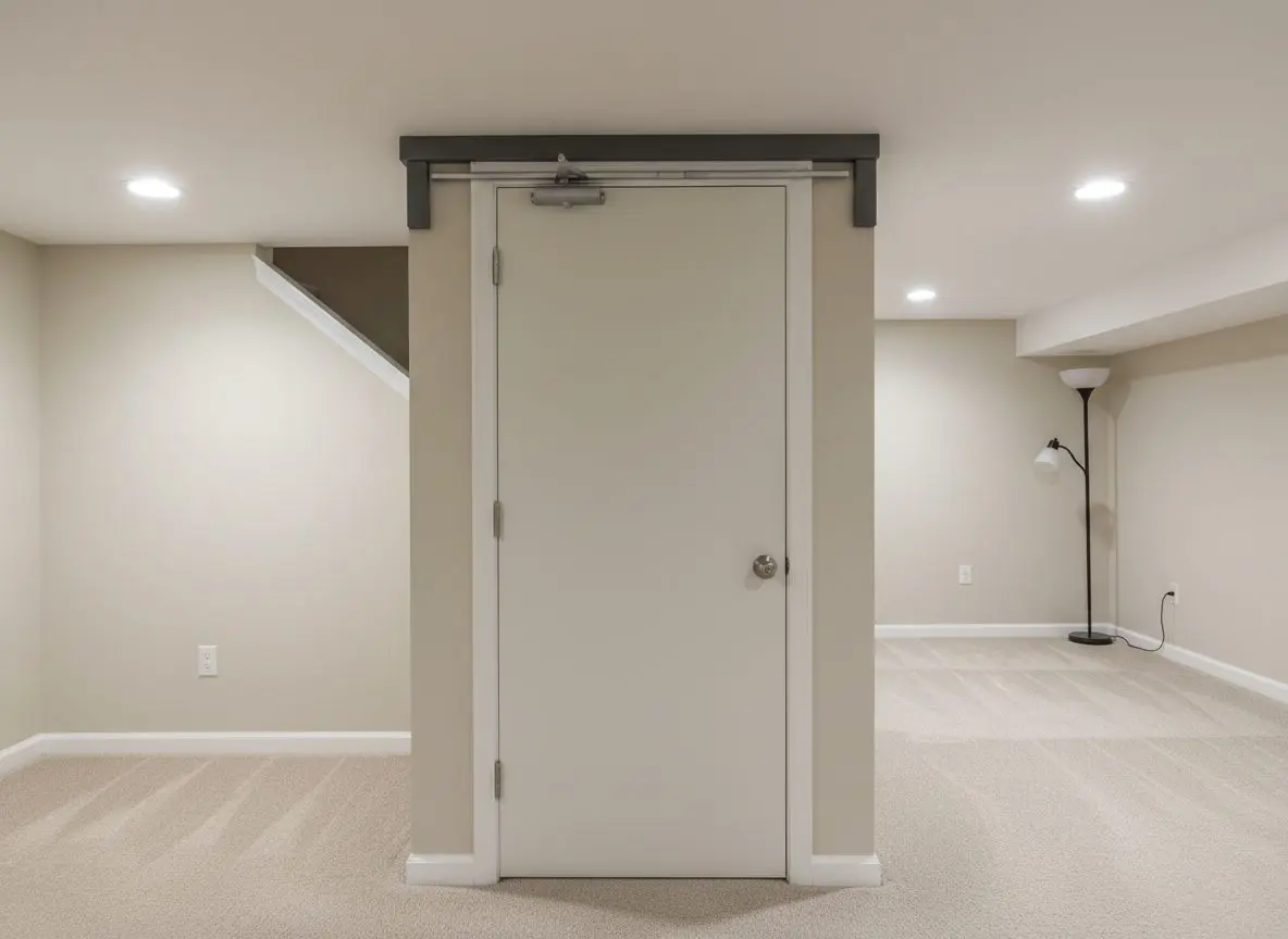 A solid core door between a basement suite and its stairwell, closed, with the seal along the head and the closer arm at the top.