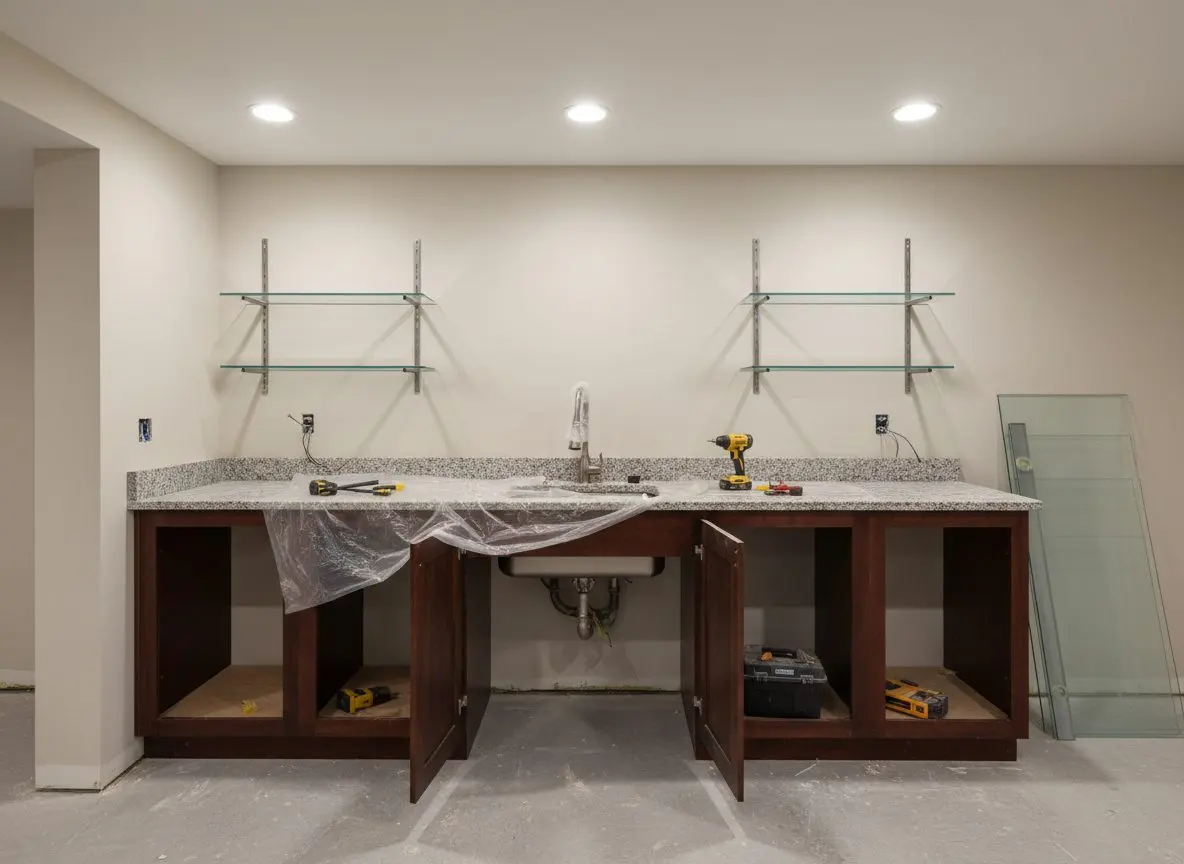 A basement wet bar with a stone counter, an undermount sink and tap, cabinets below and glass shelves on the wall behind it.