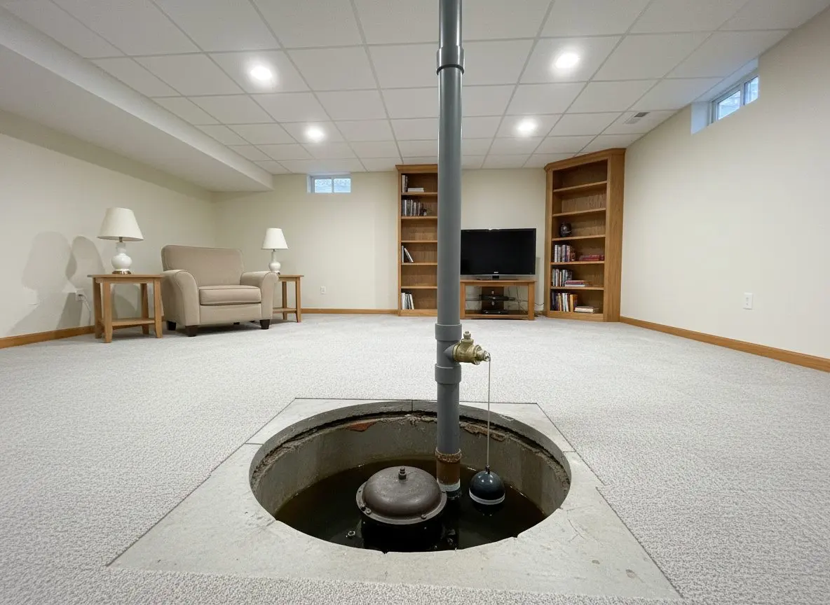 An open sewage ejector pit in a basement floor with the pump and float sitting inside it and the discharge pipe and check valve rising above the rim.