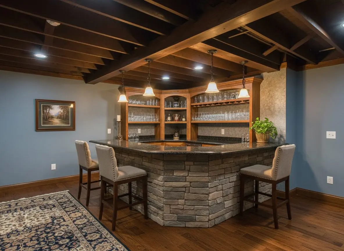 A finished, furnished basement bar area in use, stools at the counter, glasses on the shelves and lamps lit, with no tools or materials anywhere in the room.