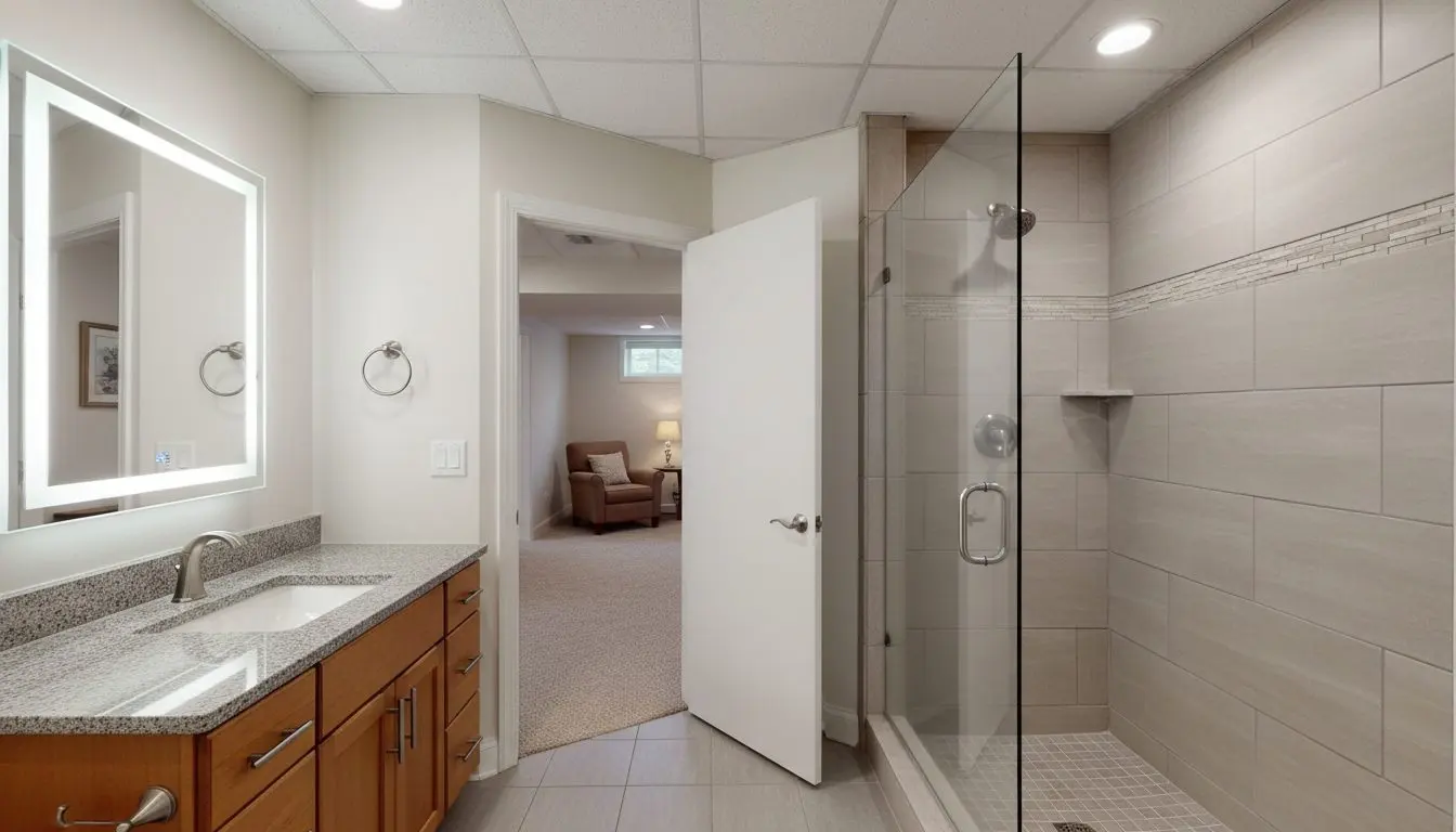 A finished basement bathroom with a tiled shower, a vanity with a stone top and a lit mirror over it, the door standing open onto the finished basement beyond