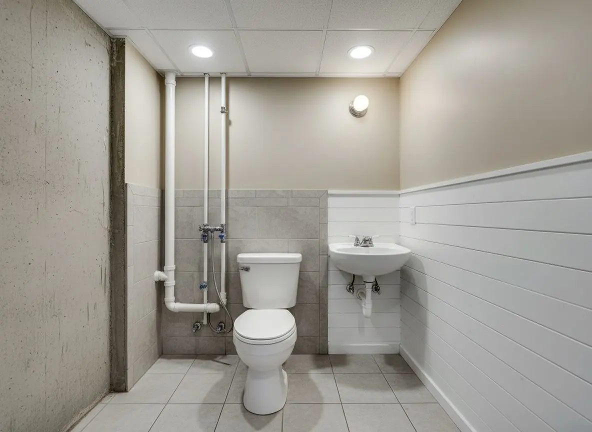 A small basement half bath with a white toilet and a compact basin, the pipework running neatly up the wall behind the pan.