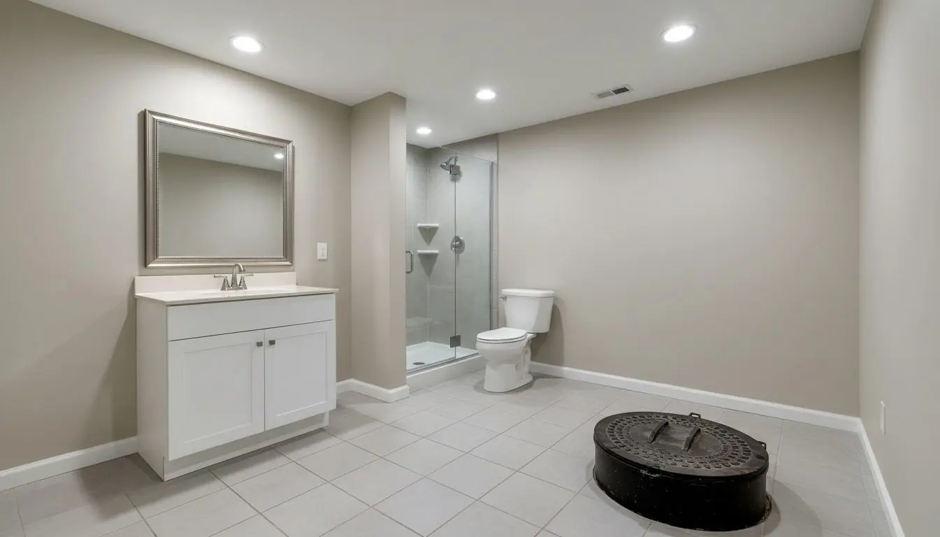A basement bathroom on a pumped waste, tiled floor and a vanity, the ejector basin set into the slab in the corner with its lid bolted down