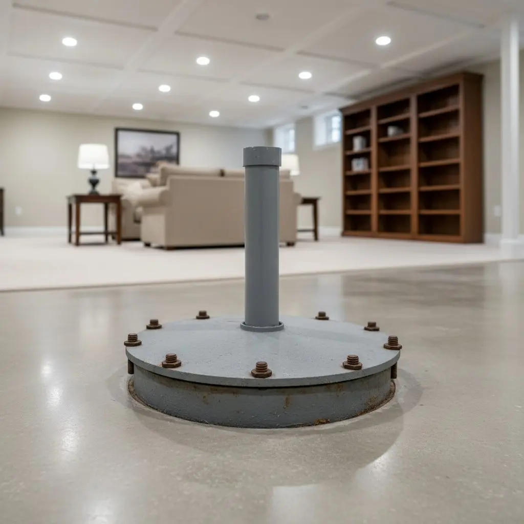 A sealed sewage ejector basin lid set flush into a basement floor, its bolts around the rim and the vent pipe rising out of it, seen close and from above.