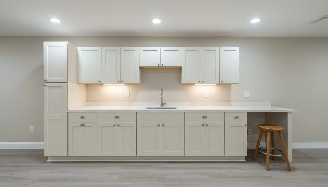 A basement kitchenette finished along one wall, upper and lower cabinets with a compact sink and worktop, a stool at the end, bright throughout.