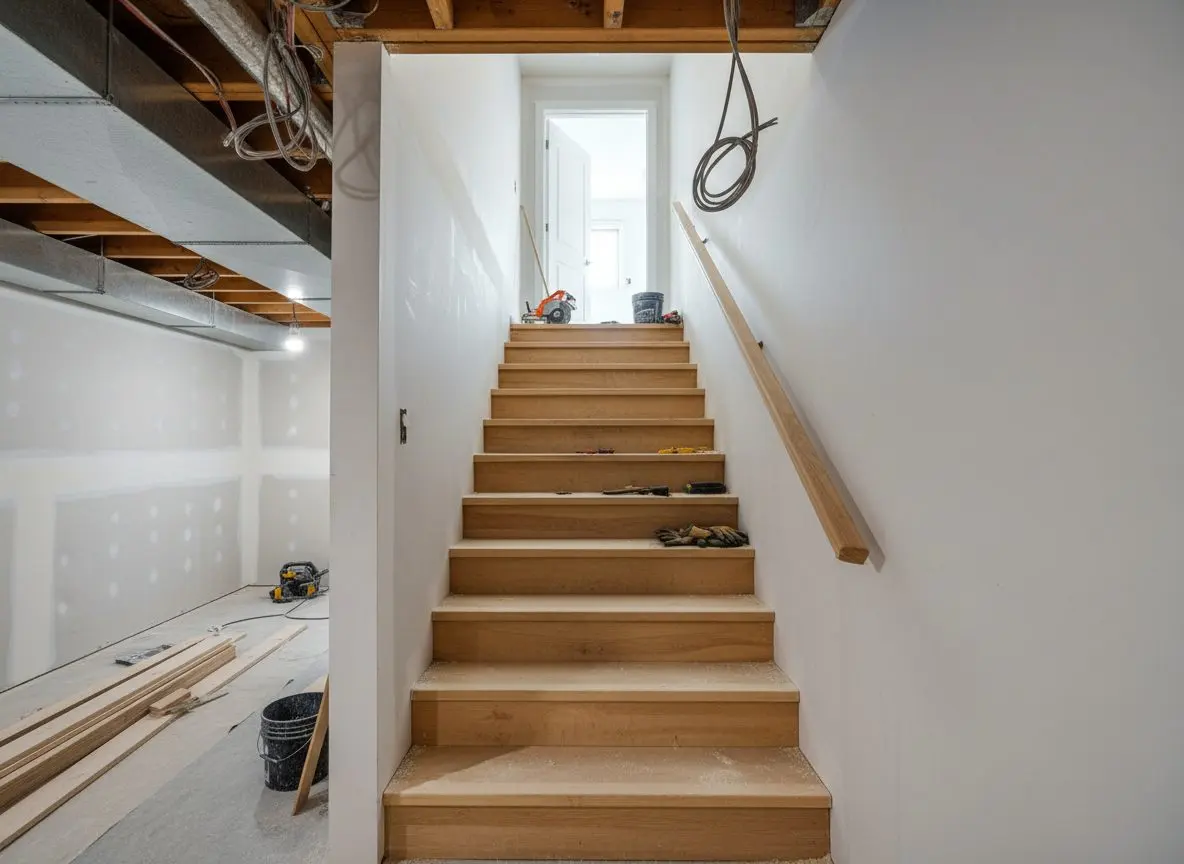 A basement stair rebuilt in clean timber with a handrail fixed to the wall, seen from the bottom step looking up towards the open door at the top.