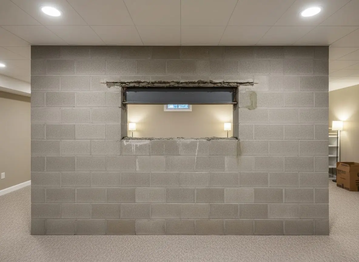 A steel lintel bedded over a freshly cut opening in a block foundation wall, the sawn edges of the block visible along the head of the opening.