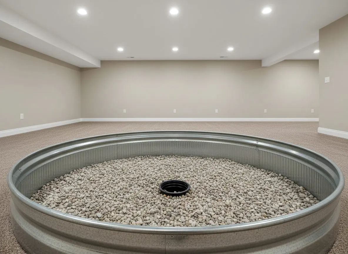 The gravel bed at the bottom of a galvanized window well, close up, with the drain outlet visible down in the stone.