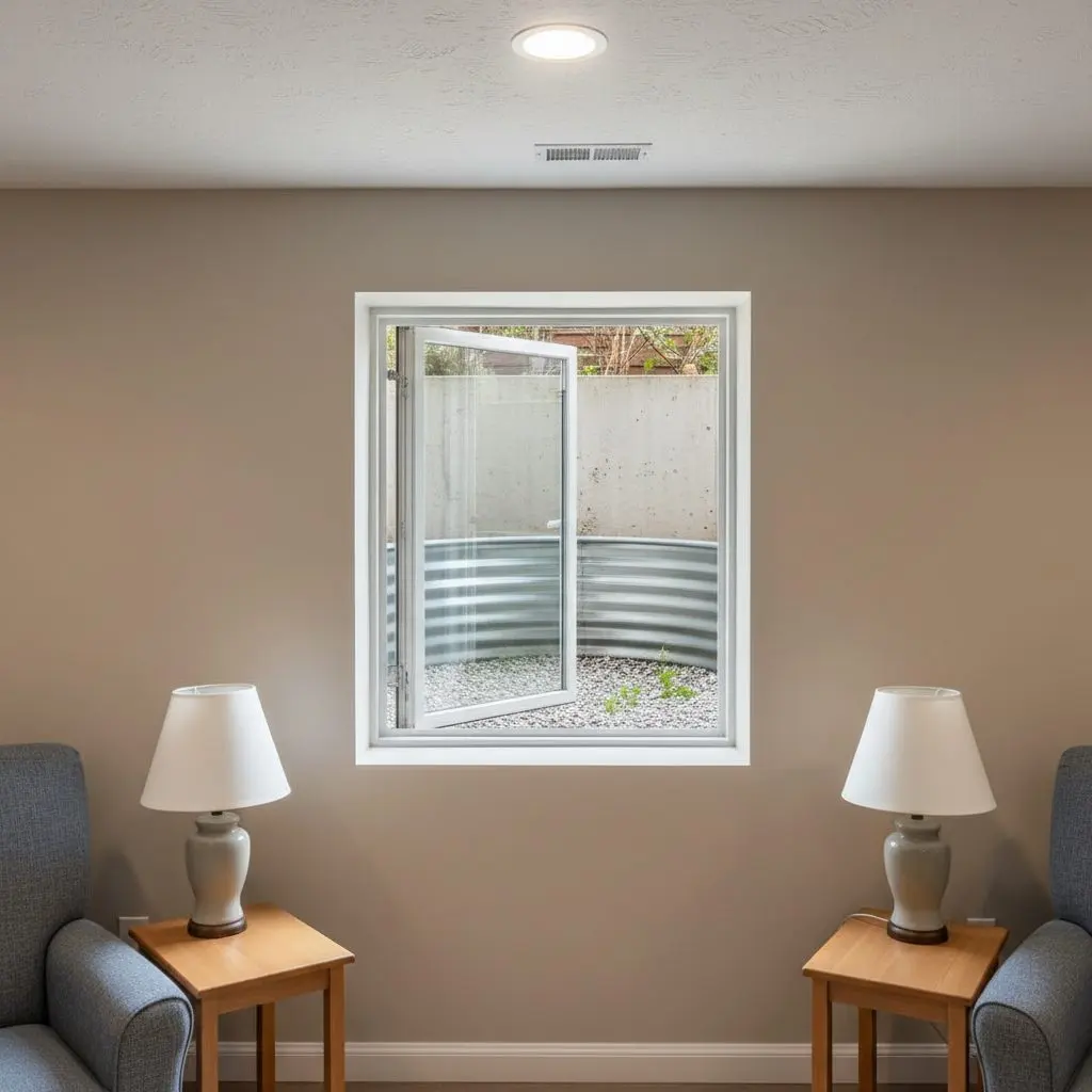 A single basement egress window seen close and square on, the sash swung open, the steel window well and the gravel at the bottom of it visible outside