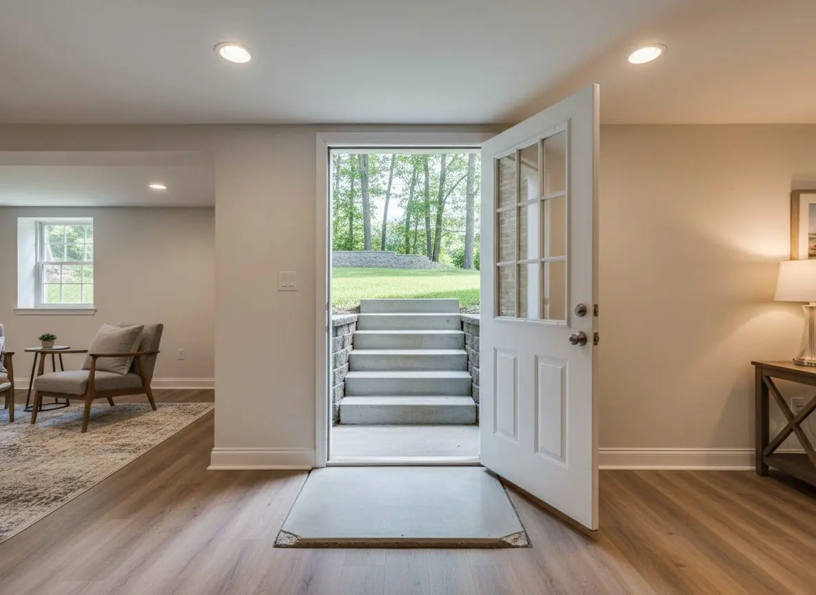 A basement walk-out doorway with the door standing open onto concrete steps rising to the yard, seen from inside the finished basement.