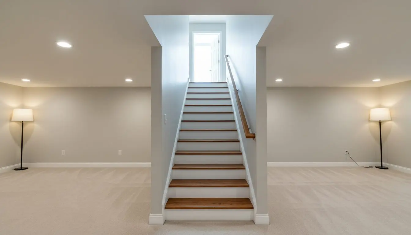 A rebuilt basement stair in a house in Lancaster, Pennsylvania, seen from the finished basement floor looking up the flight.
