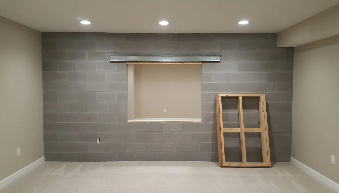 A block basement wall in a house in Lancaster, Pennsylvania part way through an egress cut