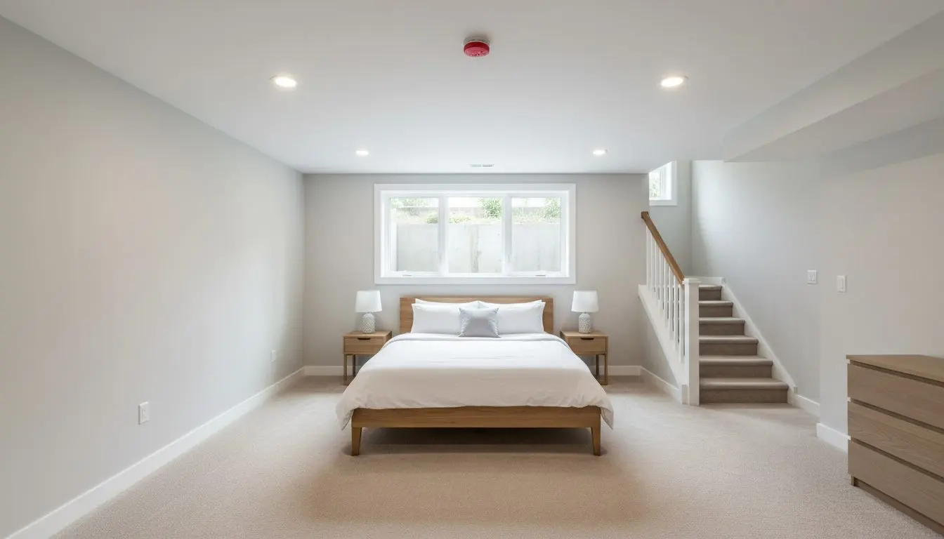 A code-compliant basement bedroom, egress casement above a well, hardwired alarm overhead and a handrail on the stair beyond