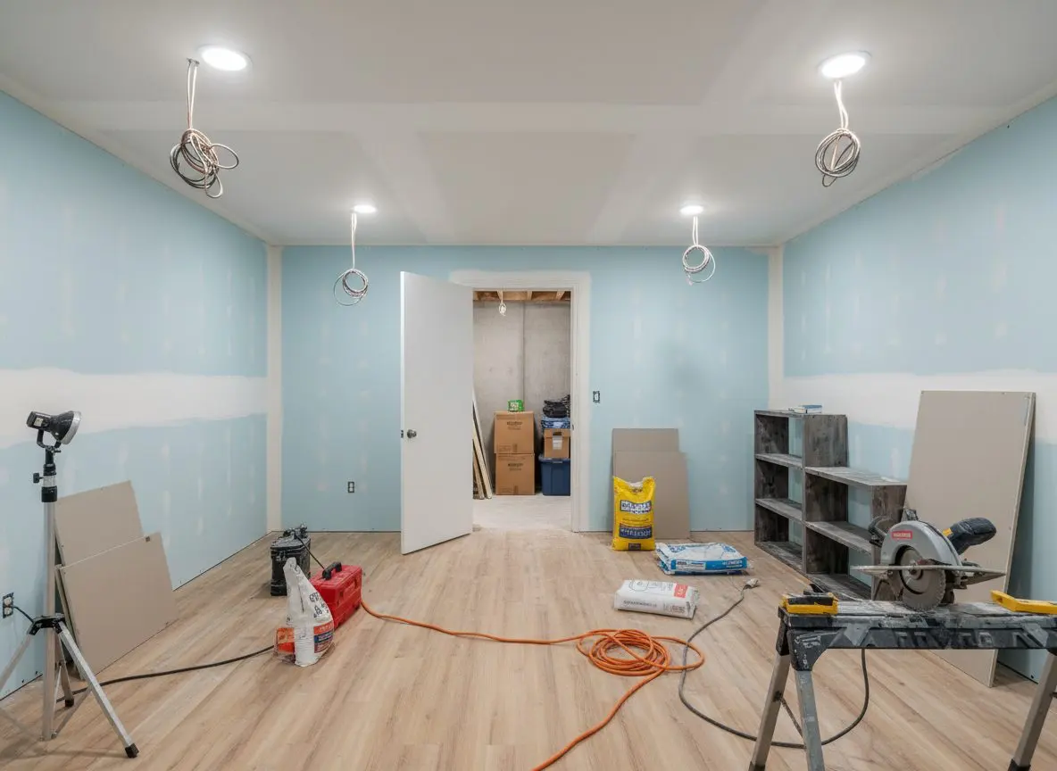 A finished basement room with painted walls, plank flooring, a white ceiling with recessed lights, and a plain white door standing open on a storage area.