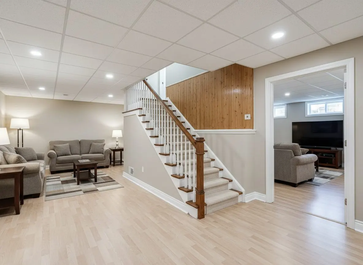 A finished basement family room in a split level house, with a staircase coming down into it and a doorway through to a second finished room.