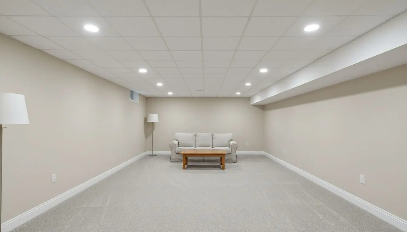 A finished basement room in a house in Lancaster, Pennsylvania, seen from one end, with a flat white boarded ceiling filling the top of the frame