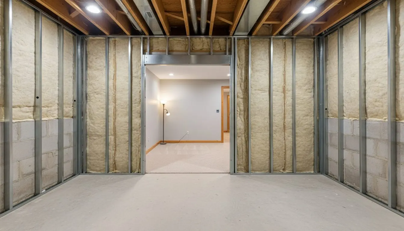 A basement part way through finishing, with steel stud walls standing on a bare concrete slab, pale insulation on the masonry behind them