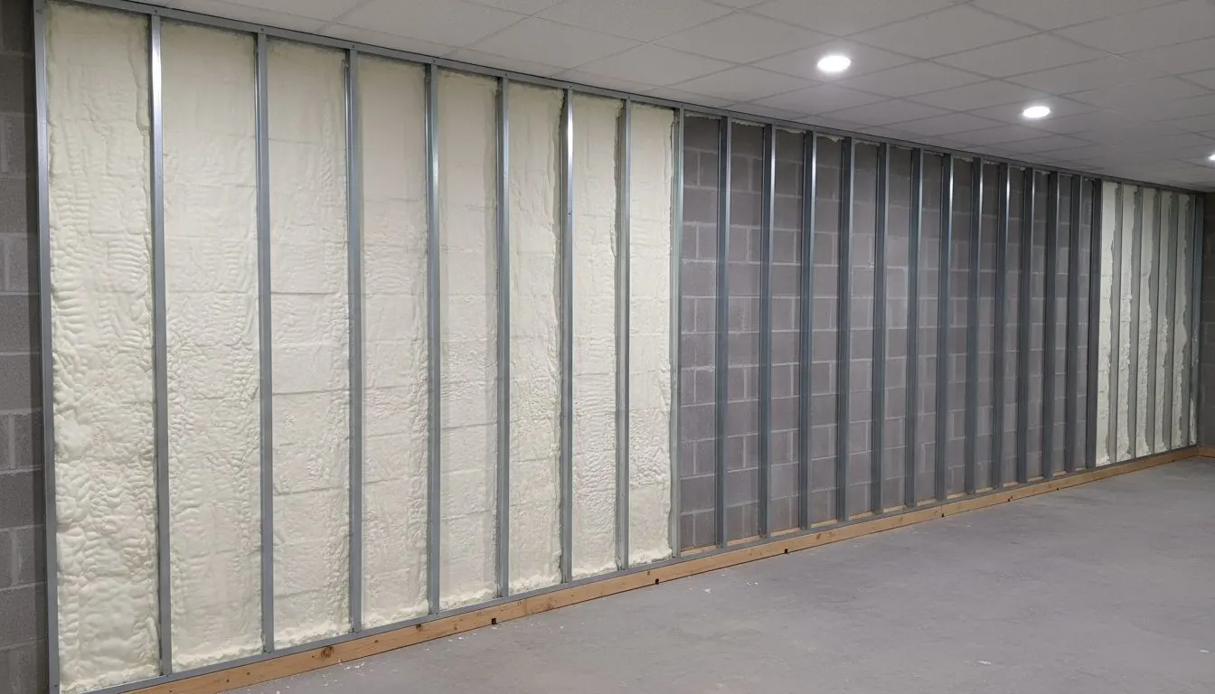 A basement wall part way through framing in a house in Lancaster, Pennsylvania.