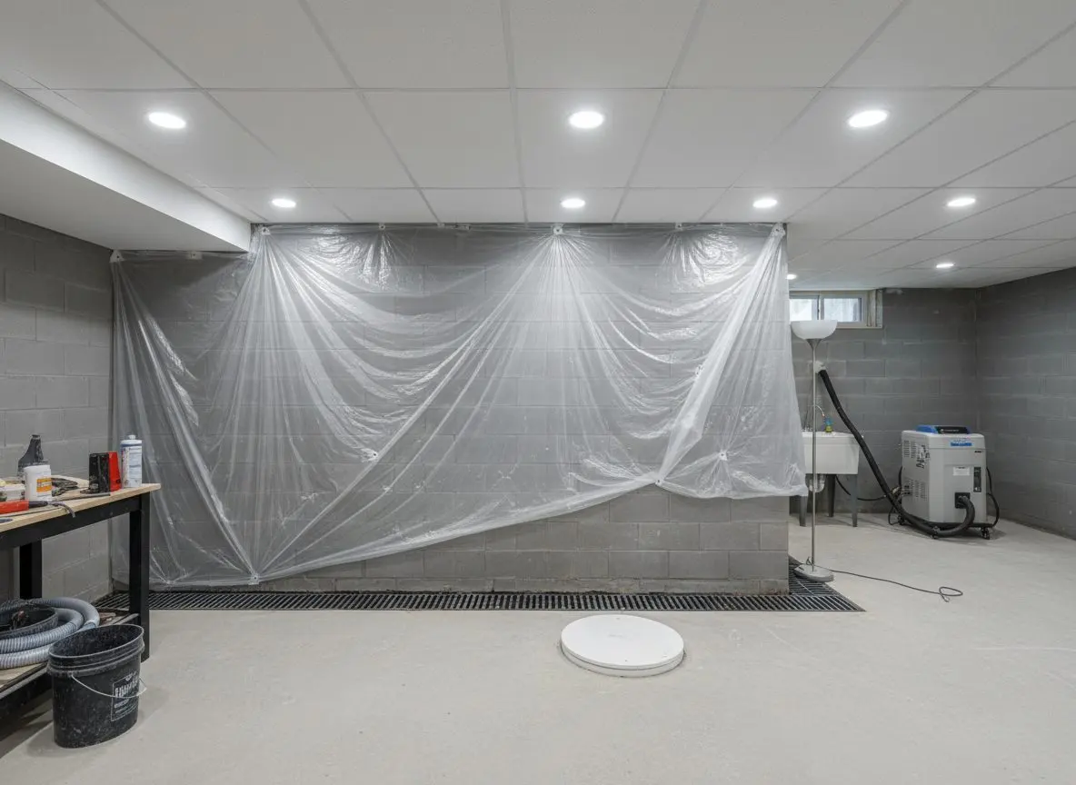 A basement wall with heavy clear plastic sheeting run down the block to a floor channel, and a white sealed sump lid in the slab nearby.