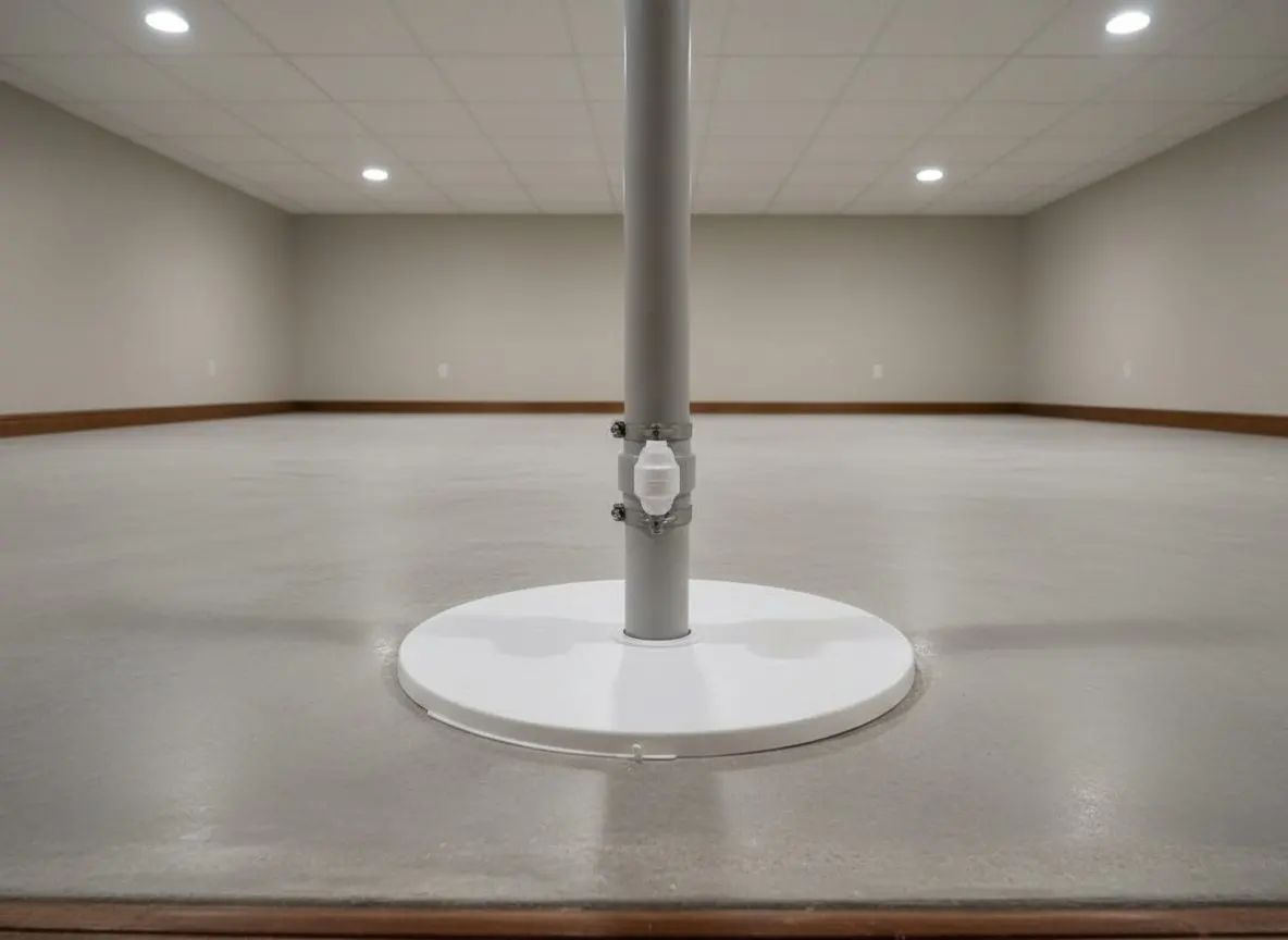 A close view of a sealed white sump lid set in a concrete basement floor, with a discharge pipe and a check valve rising out of it.