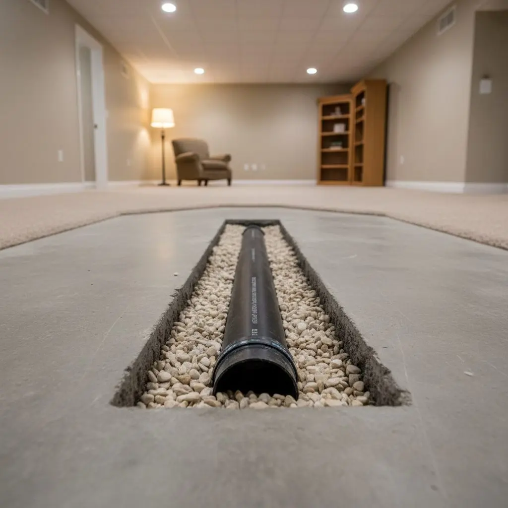 A close view of four-inch perforated black pipe bedded in washed stone in a narrow trench cut through a basement slab.