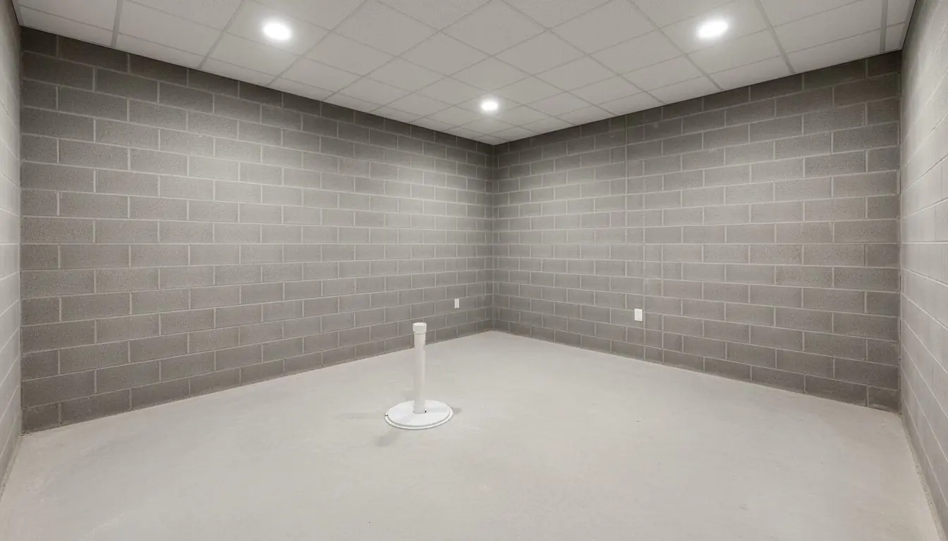 A dry basement with a bare gray block wall, a clean swept concrete floor, and a white sealed sump lid set into the slab with a discharge pipe rising out of it.