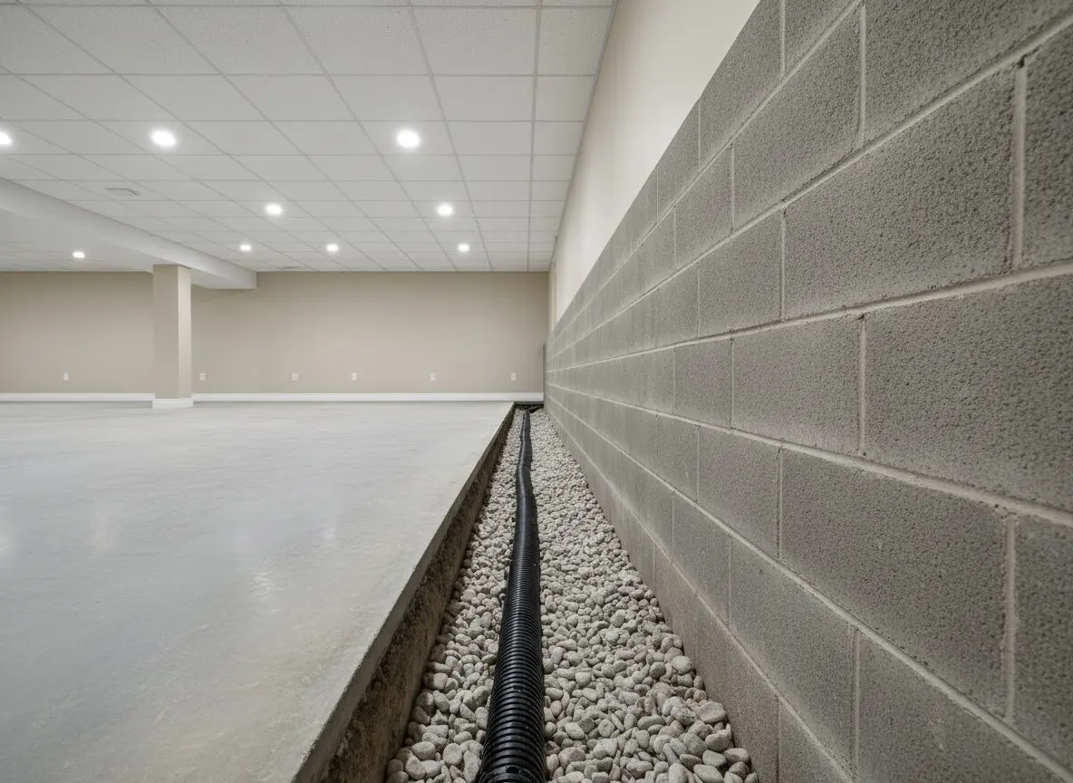 A narrow trench cut through a basement slab along the foot of a block wall, with washed stone and black perforated pipe laid into it.