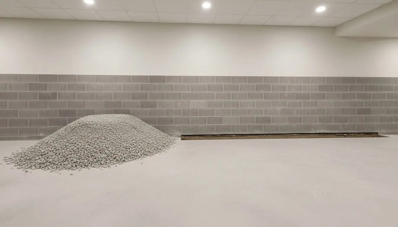A straight saw cut opened along the foot of a gray block basement wall, the trench below it clean and empty down to the footer