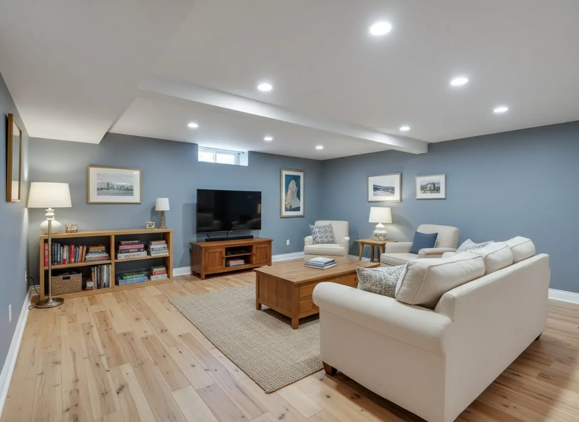 A dry, finished basement room with a plank floor and painted walls, furnished and in use, with nothing stored up off the ground.
