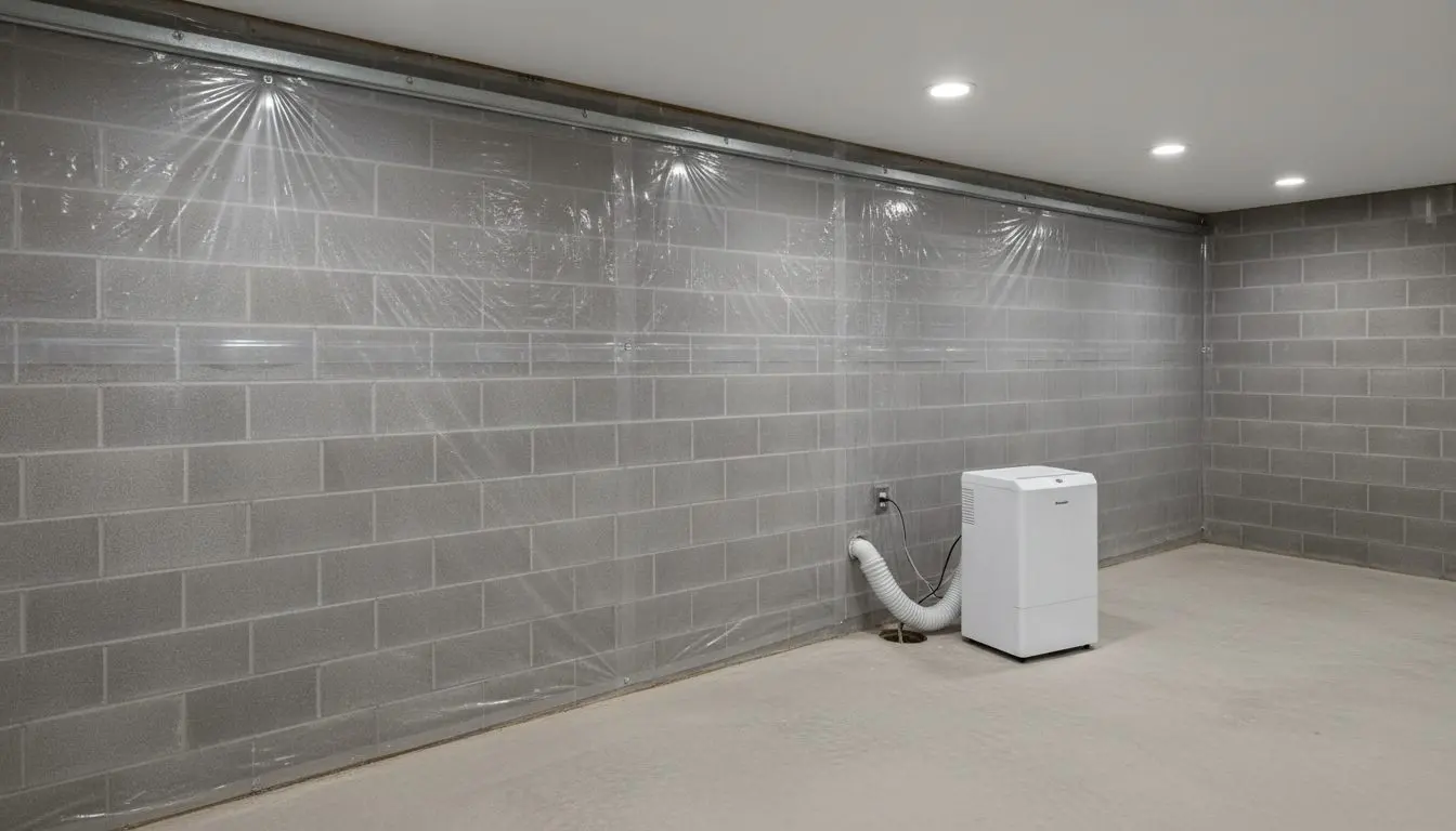 Heavy reinforced plastic sheeting run the full height of a gray block basement wall and fastened along the top course with a metal bar