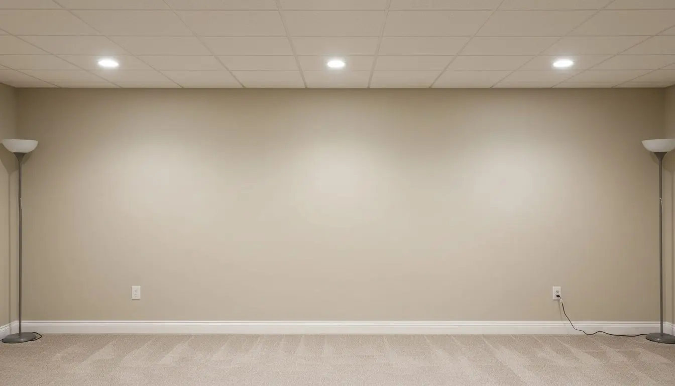 A plain stretch of finished basement wall, painted drywall above a run of baseboard, meeting an ordinary basement floor, with nothing else in it.